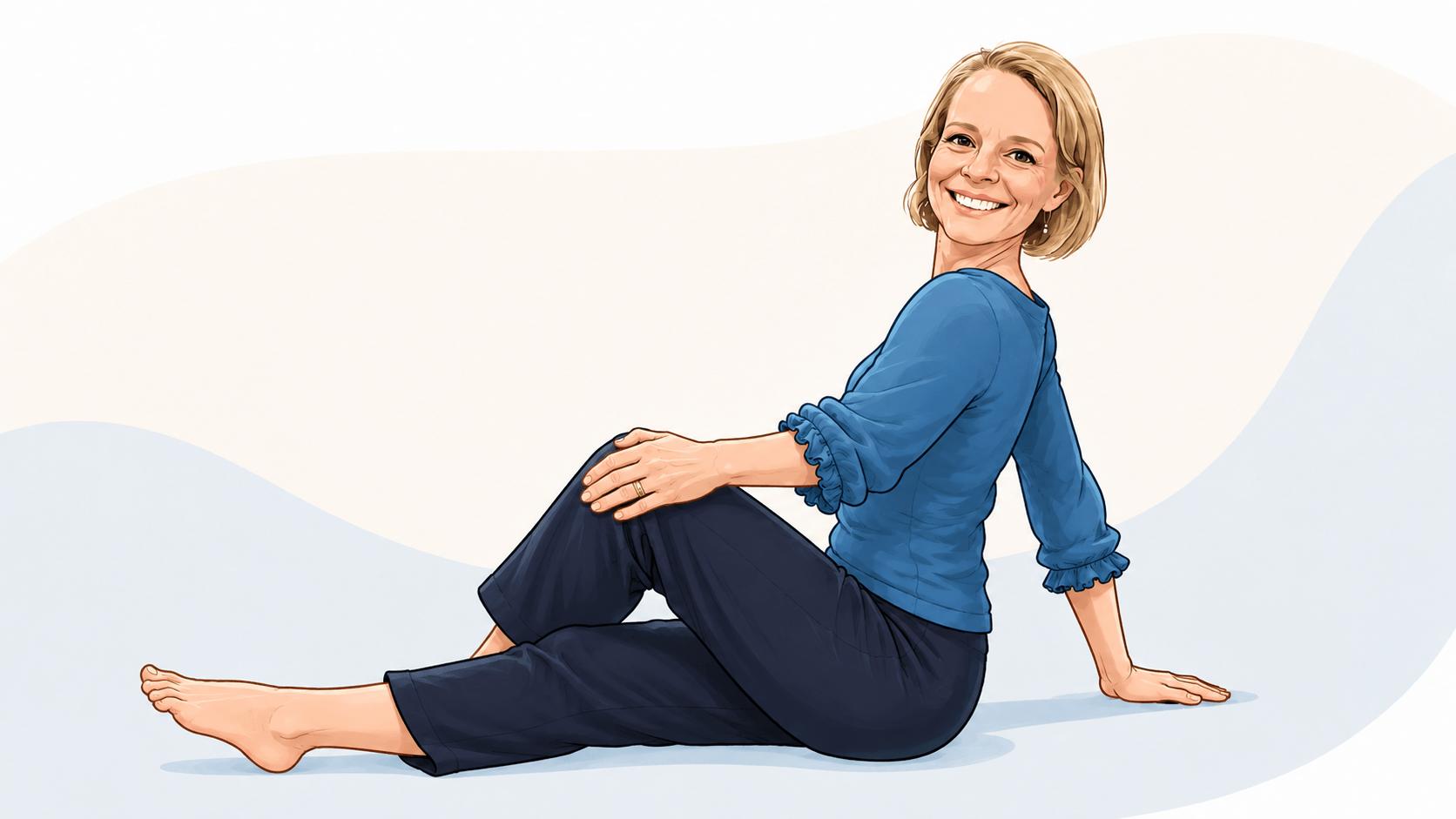 Joanne sitting on floor with one knee bent